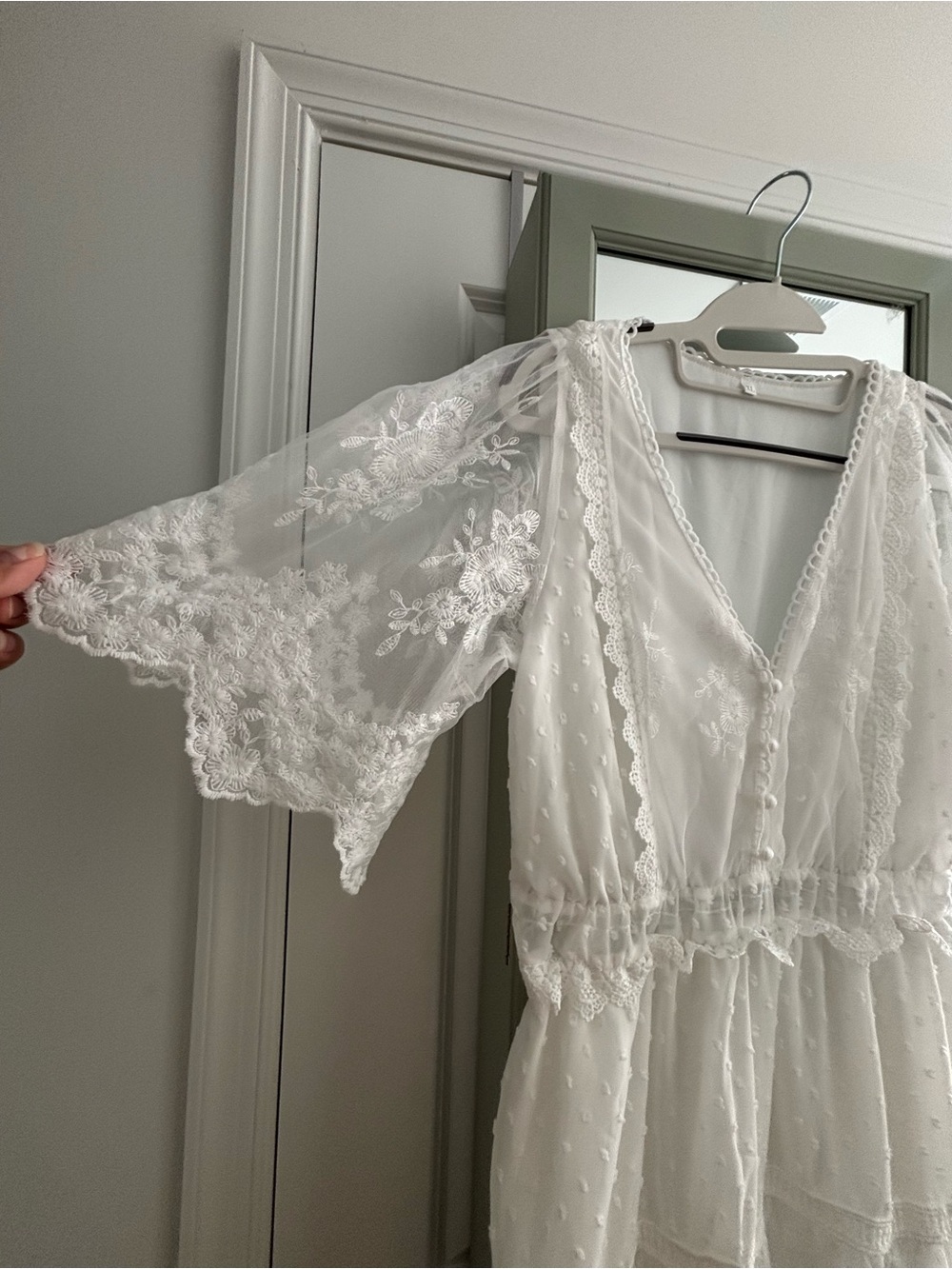NWOT White Lace Tiered V-Neck Maxi Dress - Picture 3 of 7